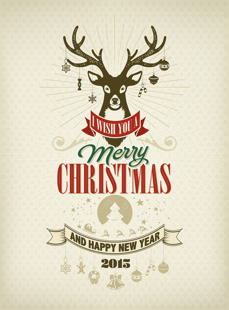 Buon Natale e felice anno nuovo, sfondo tipografico vintage con cervi
 - Foto, immagini