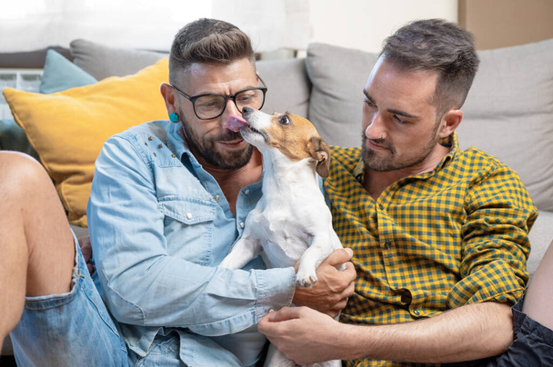 Šťastný gay pár sedící na podlaze a hrající si se psem doma. Kvalitní fotografie - Fotografie, Obrázek