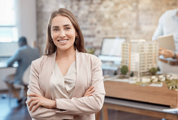 Modern, young and smiling female corporate head architect ready to work and design in an office. Portrait of a trendy architecture worker with a smile. Closeup of a happy intelligent woman employee. - Φωτογραφία, εικόνα