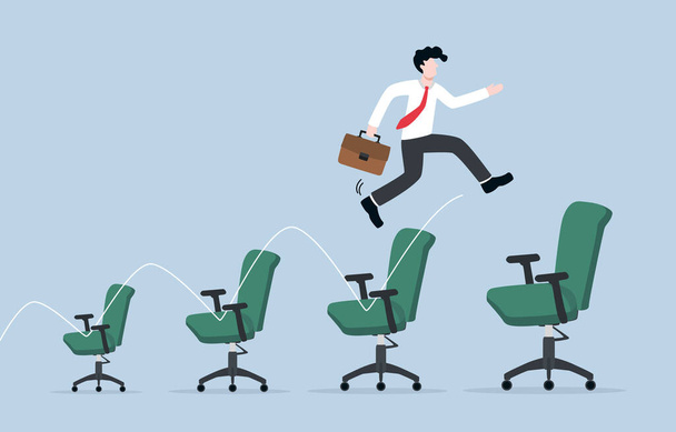 Getting fast promotion job, career growth, reach higher position in short time, quick self-development concept. Skillful businessman jumping from small chair to larger chair metaphor of growing up in work. - Vetor, Imagem