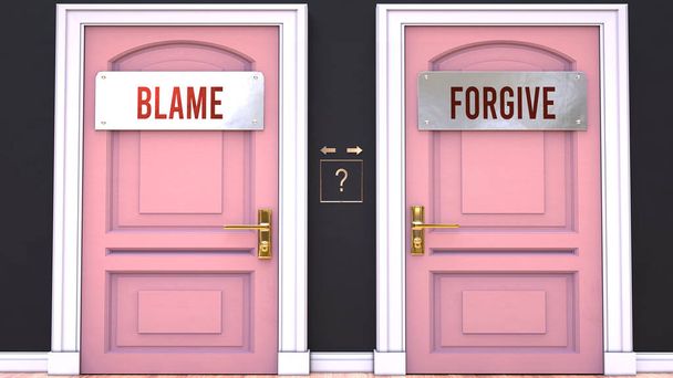 Blame or Forgive - making decision by choosing either one. Two alternative options manifested as doors leading to different outcomes. Selection and picking up either Blame or Forgive. - Valokuva, kuva