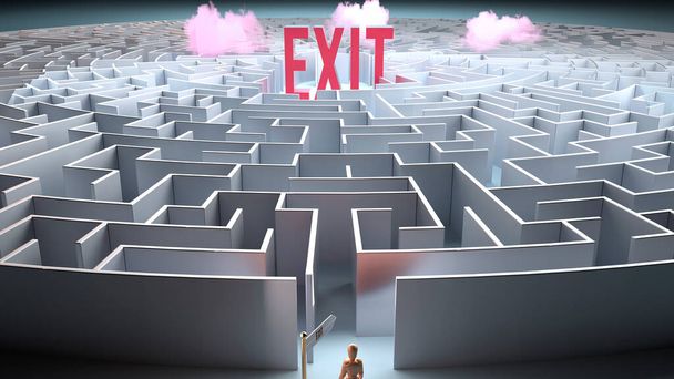 Exit and a challenging path that leads to it - confusion and frustration in seeking it, complicated journey to Exit - Foto, Bild