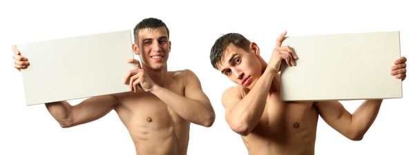 Sexy nude men showing copy space blank signs - Фото, изображение