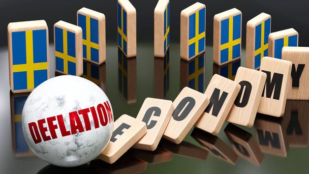 Sweden and deflation, economy and domino effect - chain reaction in Sweden set off by deflation causing a crash - economy blocks and Sweden flag - Photo, image