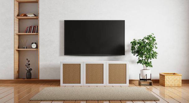 TV above wooden cabinet in modern empty room with bookshelf book plants basket and carpet on floor wooden. Architecture and interior concept. 3D illustration rendering - Foto, afbeelding