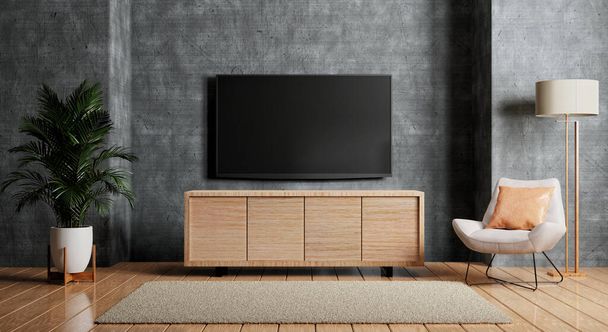 TV above wooden cabinet in modern empty room with chair plants carpet and lamp on floor wooden. Architecture and interior concept. 3D illustration rendering - 写真・画像