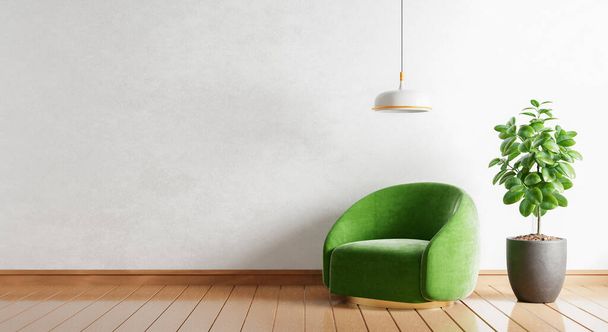 Green armchair with empty wall plants and lamp in modern room on wooden background. Copy space. Architecture and interior concept. 3D illustration rendering - Foto, Imagem