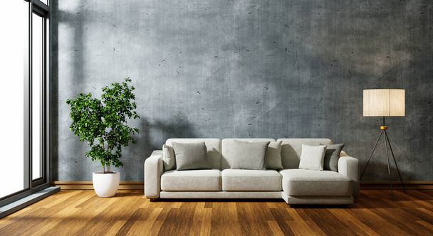 Cozy sofa in modern concrete empty room with plants windows and lamp on wooden floor. Architecture and interior concept. 3D illustration rendering - Φωτογραφία, εικόνα