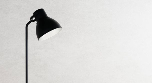 Close-up zwarte vloerlamp op schone witte lege betonnen wandachtergrond. Meubilair en object concept. 3D illustratie rendering - Foto, afbeelding