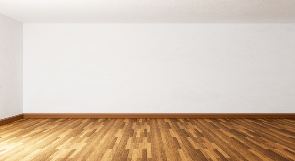 Порожня кімната з паркетною дерев'яною підлогою і білим бетонним фоном стін. Архітектура та концепція інтер'єру. Відображення 3D ілюстрацій
 - Фото, зображення