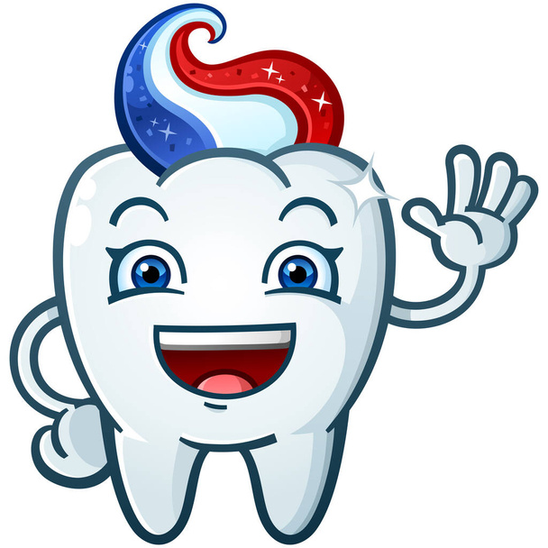 Happy Sparkling Smiling Tooth Cartoon Character waving happily with gel toothpaste for hair  - Vector, Image