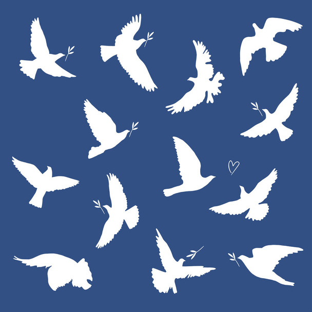 Flying birds silhouettes set vector illustrations. Doves of peace silhouettes - Вектор,изображение