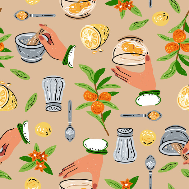 Colored seamless pattern of food and drink. For the menu of restaurants, cafes, and canteens. Fresh food. Harvest. Sauces, mayonnaise, mustard. - Vektör, Görsel