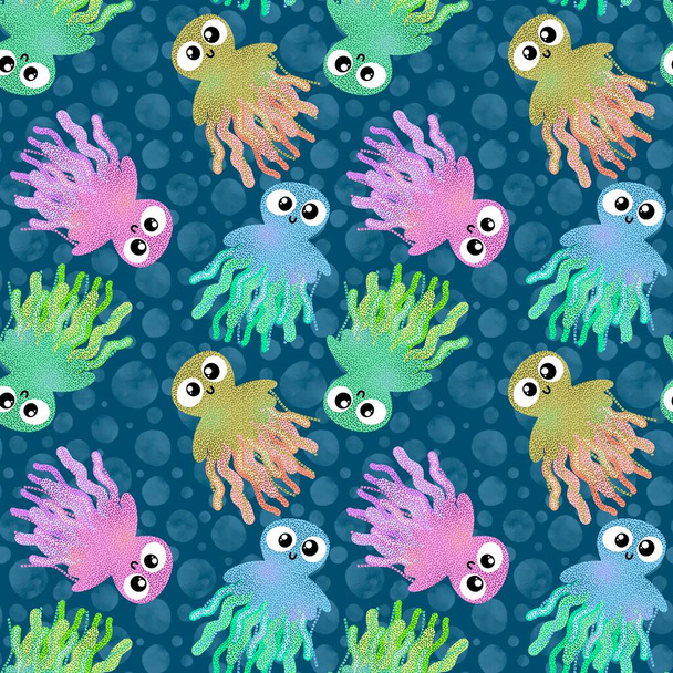 Cute cartoon kids seamless sea jellyfish pattern for clothes print and wrapping paper and fabrics and summer accessories and notebooks and child rooms. High quality illustration - Foto, immagini
