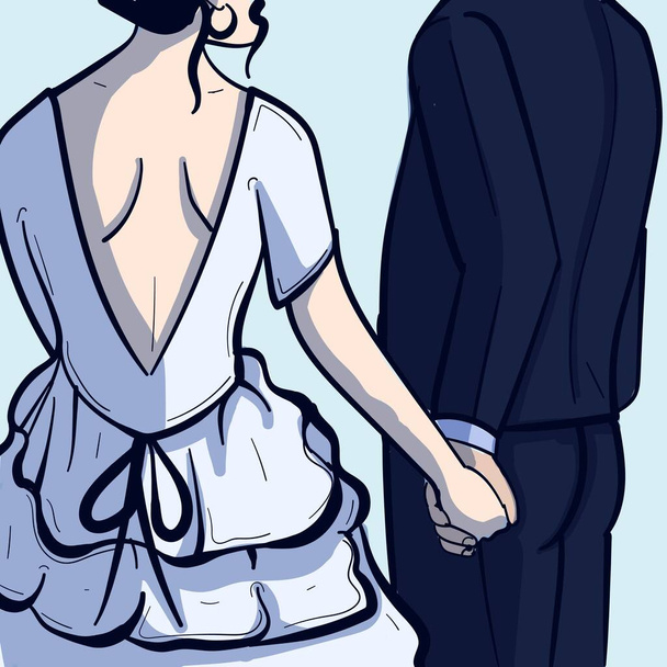 Bride and broom wearing a wedding dress and a suit. Backside view of a couple celebrating their love. Romantic picture of a ceremony. Two people together. - Vector, afbeelding