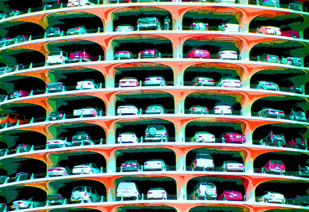 CHICAGO ILLINOIS UNITED STATES 06 23 2003: Marina City Tower Parking Deck Levels in Chicago Illinois sign illustration background icon with color spots - Fotoğraf, Görsel