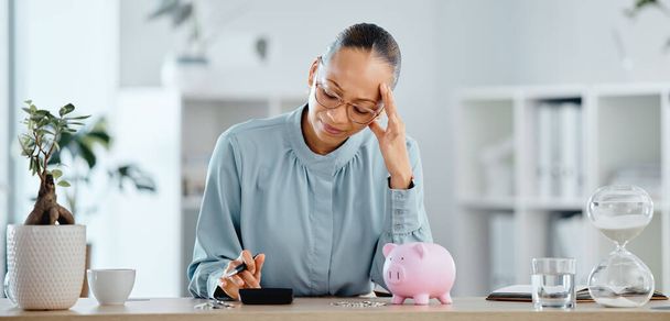 Debt, broke and financial crisis for a business woman frustrated and stressed without money. A struggling female worried about being poor or going bankrupt is sad about her problems at home. - Photo, Image