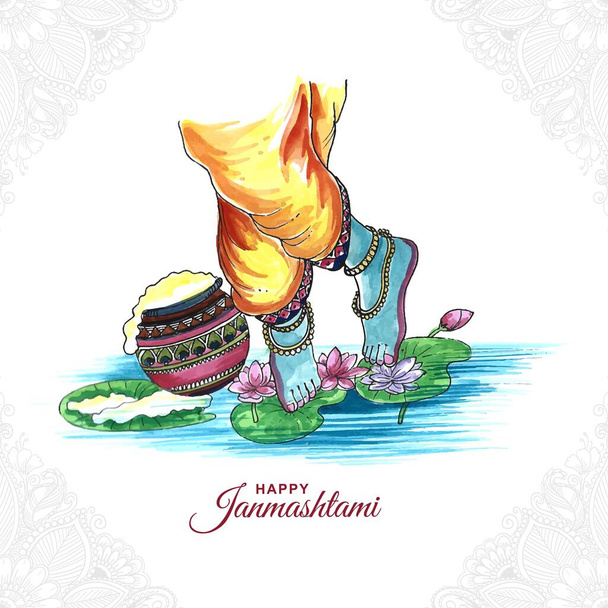 Hand draw watercolor of feet of  lord krishna in happy janmashtami festival card design - Vector, Image
