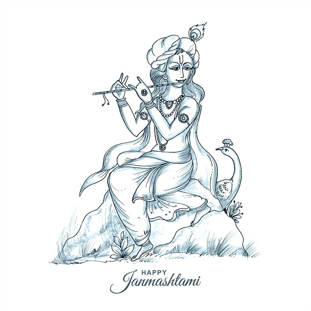 Hand tekening schets lord Krishna in gelukkig janmashtami festival kaart achtergrond - Vector, afbeelding