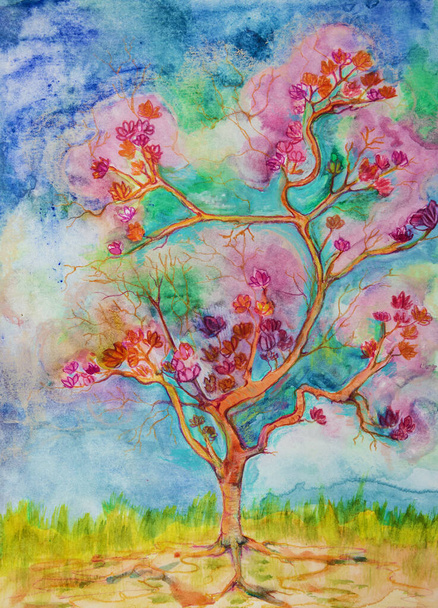 Tree with lotusflowers. The dabbing technique near the edges gives a soft focus effect due to the altered surface roughness of the paper. - Foto, Imagen