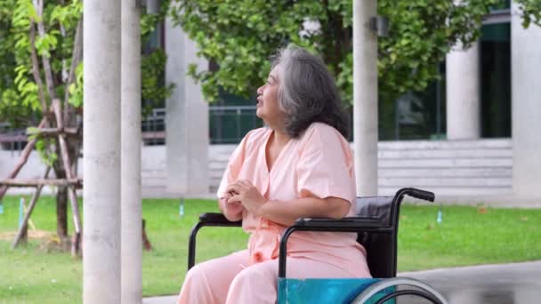 Happy old elderly Asian woman uses a wheelchair in the hospital after recovering from an accident. Concept of happy retirement With care from a caregiver and Savings and senior health and insurance - Filmagem, Vídeo