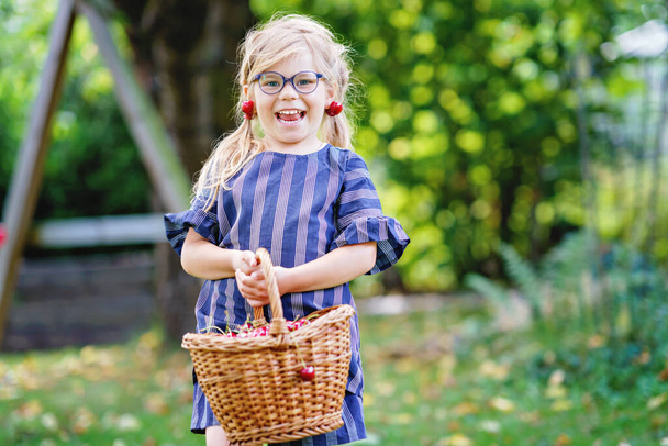 Little preschool girl picking and eating ripe cherries from tree in garden. Happy child with glasses holding fresh fruits. Healthy organic berry cherry summer harvest season. With cherry as earrings. - Foto, immagini