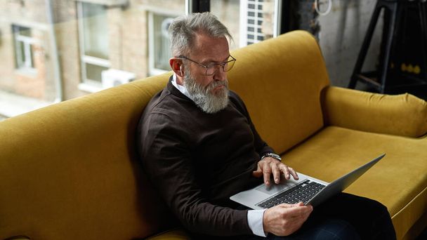 Senior concentrated caucasian man using laptop on sofa at home. Stylish bearded pensioner wearing glasses and wireless earphones. Modern senior male lifestyle. Domestic entertainment and leisure - Foto, imagen