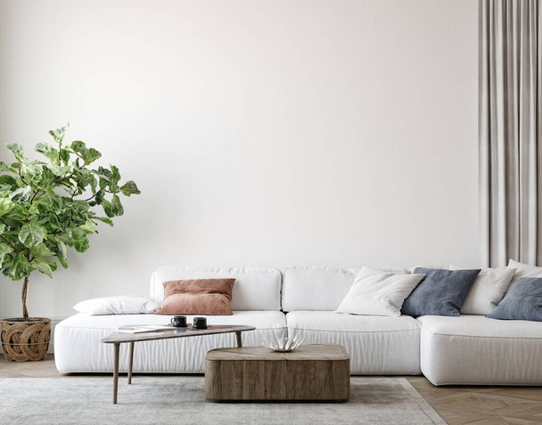 casa de campo escandinava sala de estar interior, maqueta de pared, 3d render - Foto, Imagen