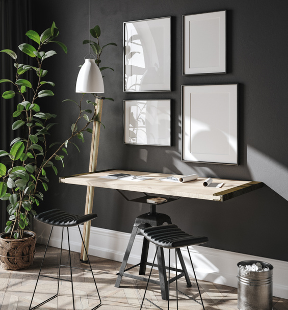 Poster mock up in modern black home interior background, home office in industrial style, 3d render - Φωτογραφία, εικόνα