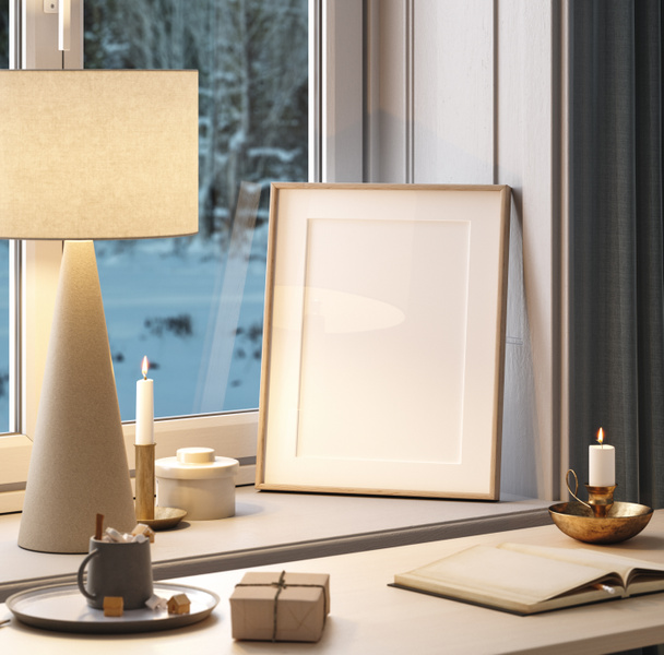 Home mockup, frame close up standing on windowsill at winter evening time, 3d render - 写真・画像
