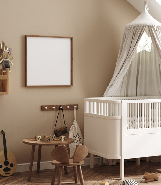 Mockup frame in cozy beige children room interior background, 3D render - Фото, изображение