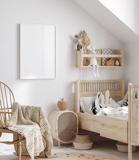 Finto telaio in camera dei bambini con mobili in legno naturale, rendering 3D - Foto, immagini