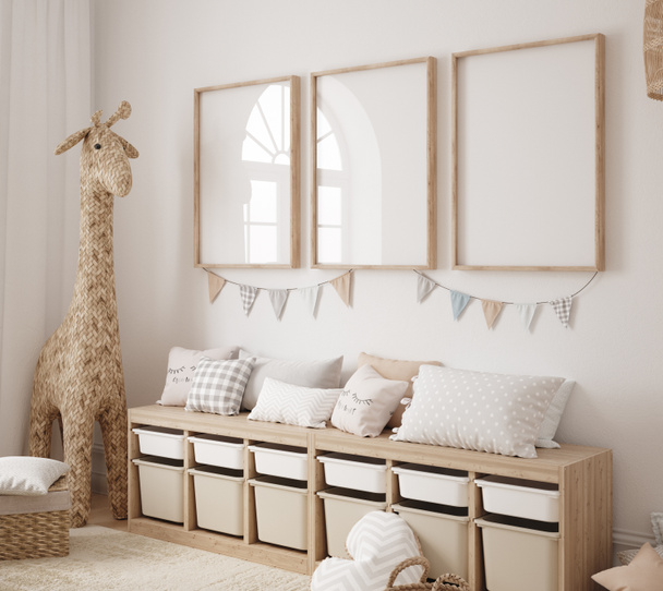 Attrappe im Kinderzimmer mit natürlichen Holzmöbeln, Innenhintergrund im Bauernhausstil, 3D-Render - Foto, Bild