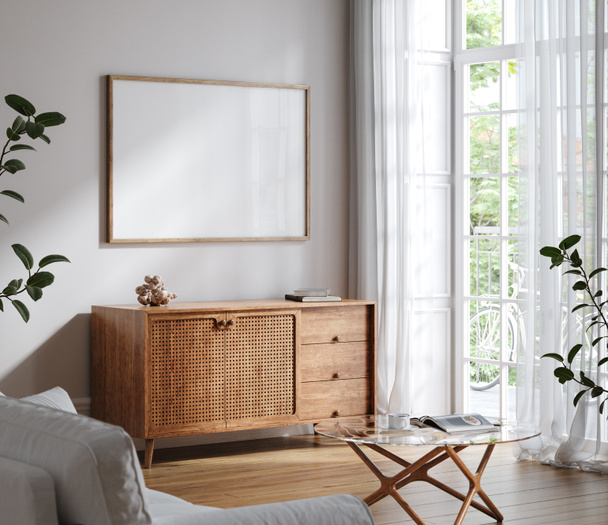 Mockup frame in Scandinavian living room interior background, 3d render - Foto, Imagen