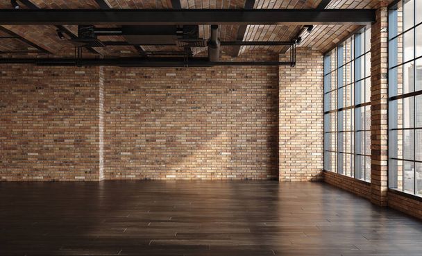 Empty loft apartment, industrial style, 3d render - Фото, изображение