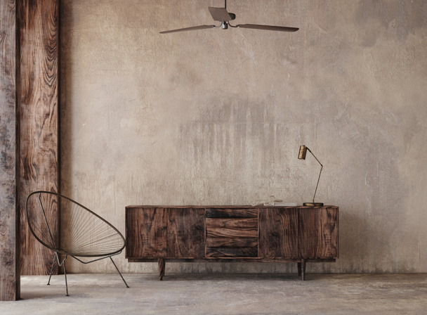 Rustic interior background with minimal furniture, 3d render - Foto, Bild