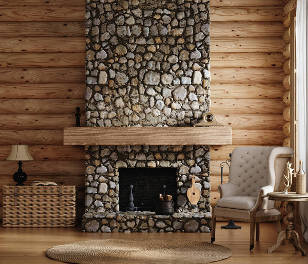 Home mockup, cozy log cabin interior background, 3d render - Foto, Imagen