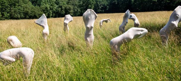 many sexy young women, same woman, nude in a big transparent stocking dress fabric cloth, standing as modern sculptures in the summer grass meadow, copy space - Photo, Image