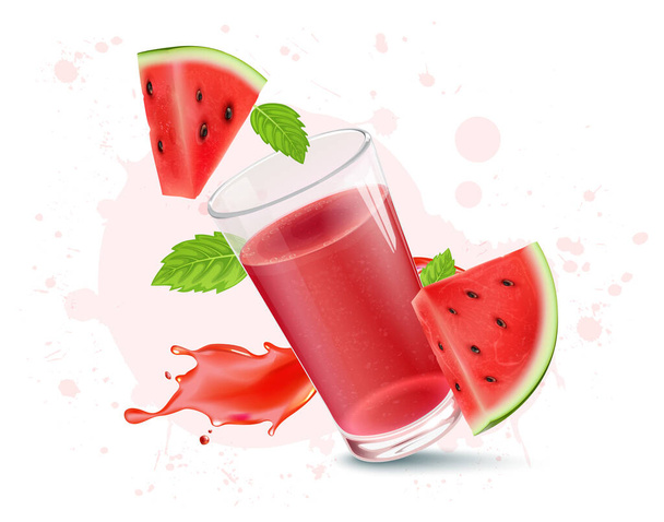 Vector Illustration of Watermelon Juice and watermelon fruit slices with mint leaves  - Vecteur, image