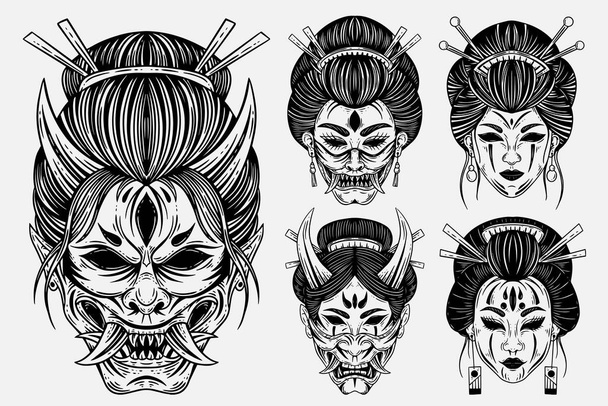 Set Bundle Dark Art Horror Japanese Geisha Girl With Devil Mask Face Tattoo Hand Drawn Engraving Style - Vector, Image
