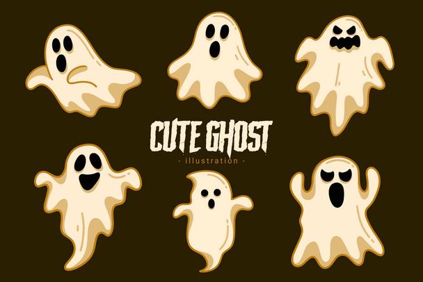 Set of Collection Cute Ghost Horror Cartoon flat design hand drawn Spooky emoji funny spirit doodle - Vector, Image