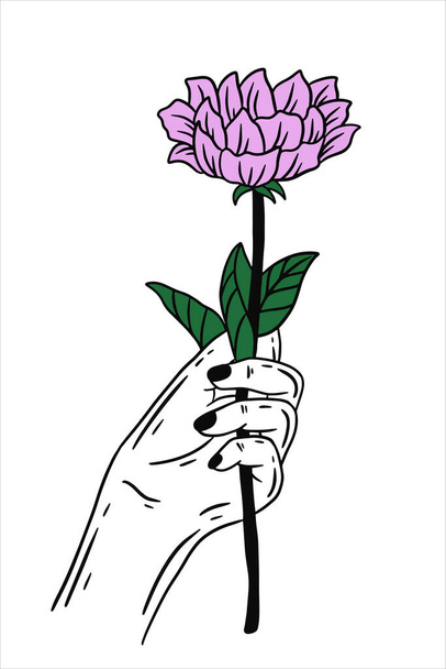 Women Hand Holding Rose Flower Gesture Flat line Art illustration - Vettoriali, immagini
