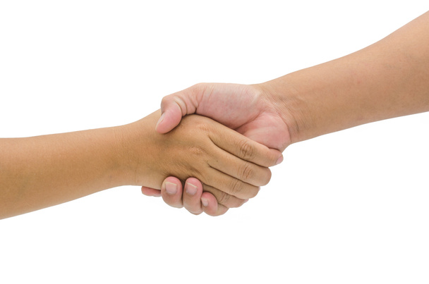 Shaking hands of two male people, isolated on white - Photo, Image