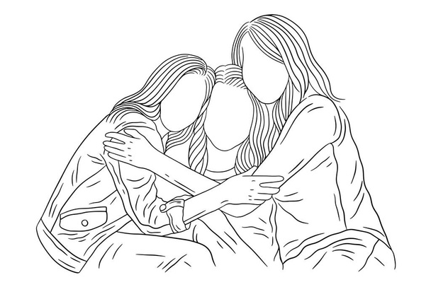 Happy Women group Dziewczyna Najlepszy przyjaciel miłość linia sztuka ręcznie rysowane styl ilustracja - Wektor, obraz
