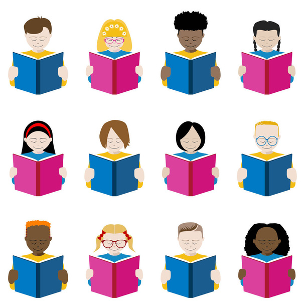 set of twelve icons of multiethnic children reading books. eps vector file available. - Vektor, kép