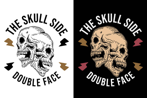 Set Skull Double Face Dark illustration Beast Skull Bones Head Hand drawn Hatching Outline Symbol Tattoo Merchandise T-shirt Merch vintage - Вектор,изображение