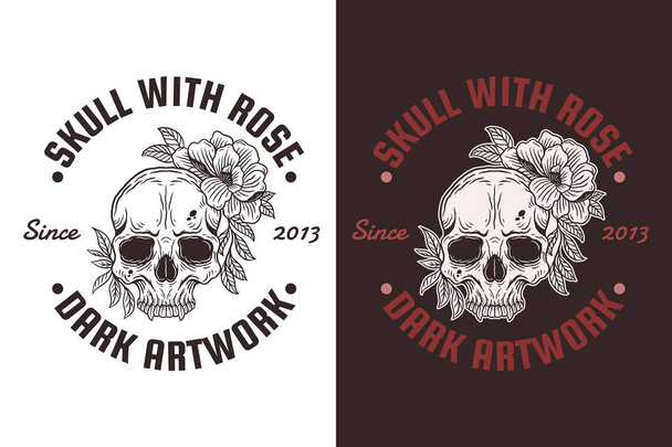 Set Skull Rose Dark illustration Beast Skull Bones Head Hand drawn Hatching Outline Symbol Tattoo Merchandise T-shirt Merch vintage - Вектор,изображение