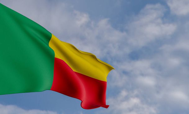 National flag Benin, Benin flag, fabric flag Benin, blue sky background with Benin flag, 3D work and 3D image - Φωτογραφία, εικόνα