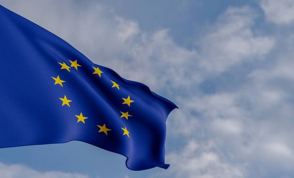 National flag Europe, EU flag, fabric flag Europe, blue sky background with Europe flag, 3D work and 3D image - Photo, Image