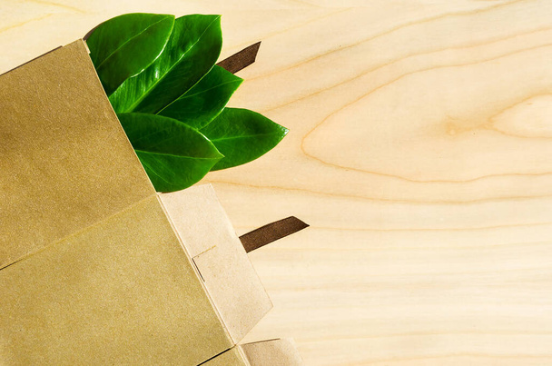 Paper envelopes with green leaves. Eco friendly packaging, paper recycling, zero waste, natural products concept. Idea for business. - Photo, image